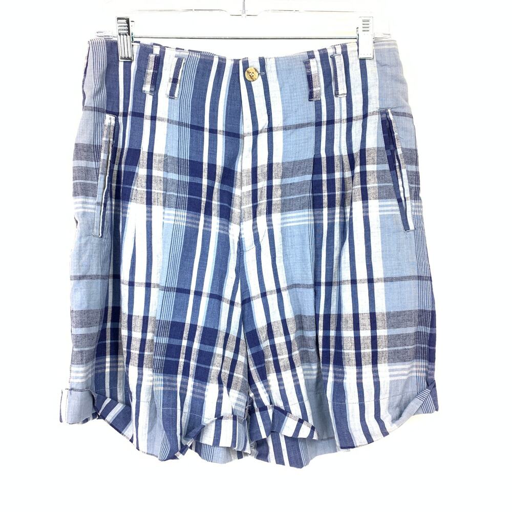 Vintage 90s High Waisted Bermuda Shorts Womens 29" Blue White Plaid Pleated